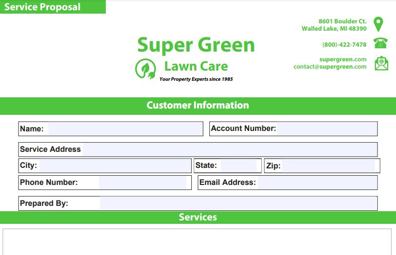 Super Green Lawn Care service proposal form with contact details