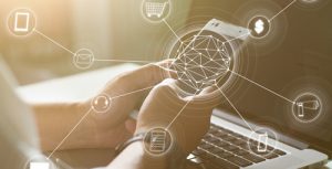 Digital network visualization with connected icons and global technology interface