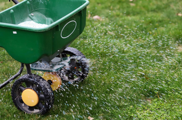 Green wheelbarrow spraying water on lawn with spinning sprinkler