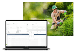 Laptop displaying spreadsheet next to action shot of gardener pruning plants