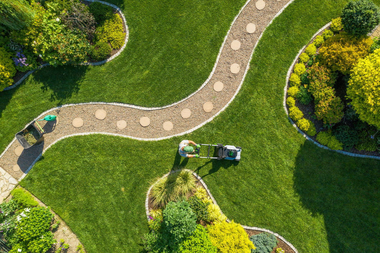 Aerial view of landscaped garden with curved path and lawn mowing