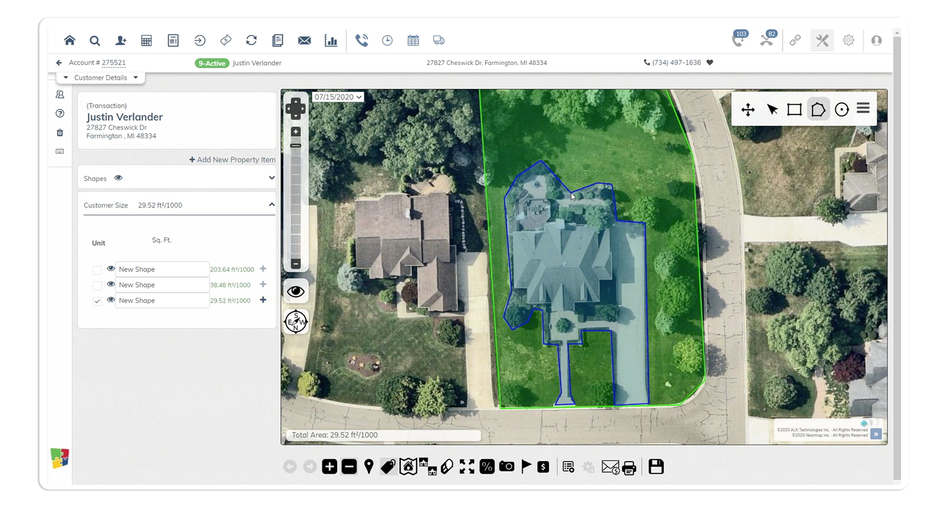 Aerial property map showing house, lawn, and property boundaries in green