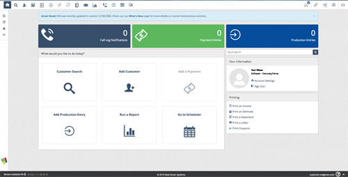 Dashboard interface with colorful navigation tiles and menu options