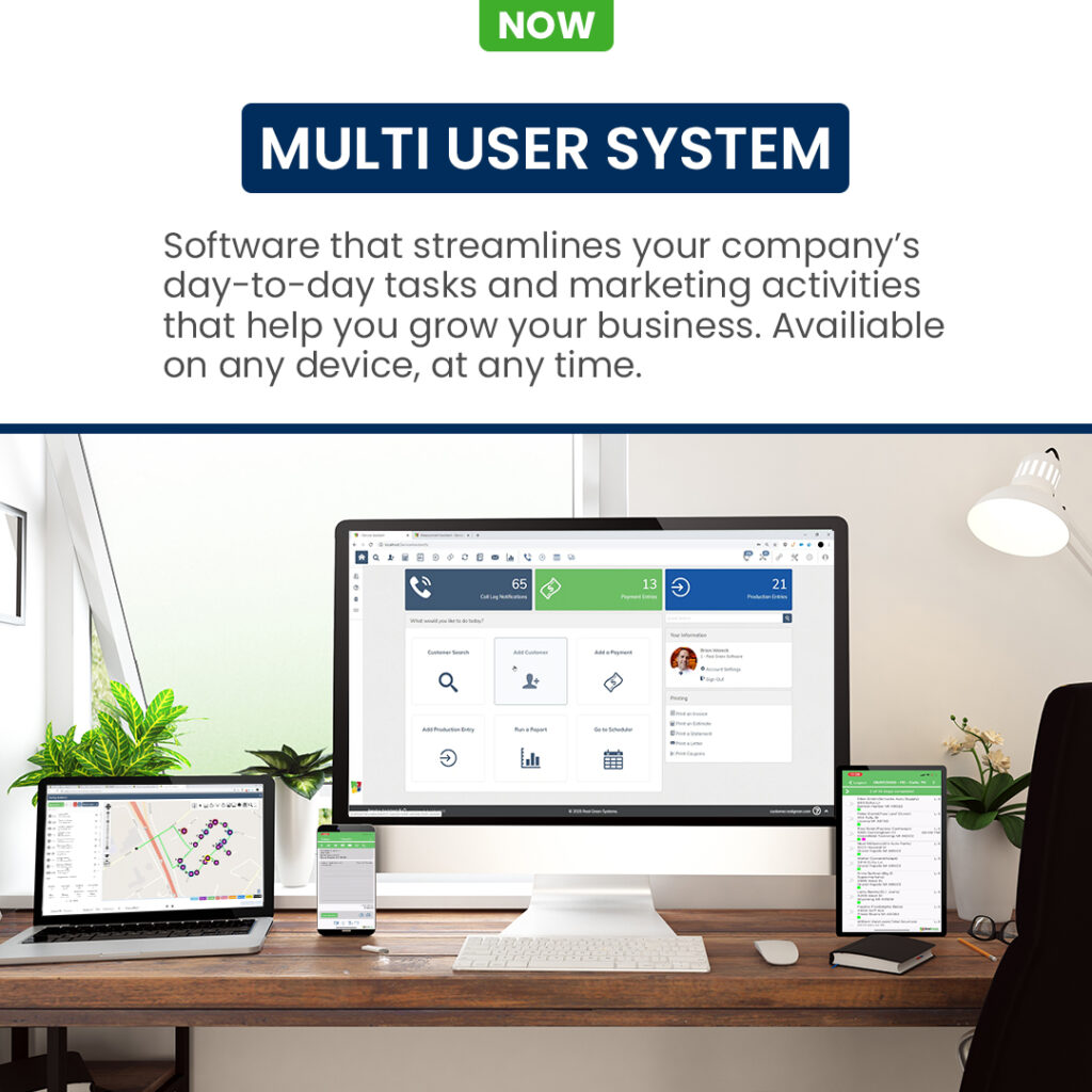 Multi-device business software interface on modern workspace desk
