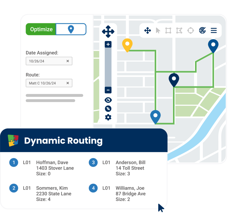 Dynamic routing interface showing map and delivery locations for route optimization