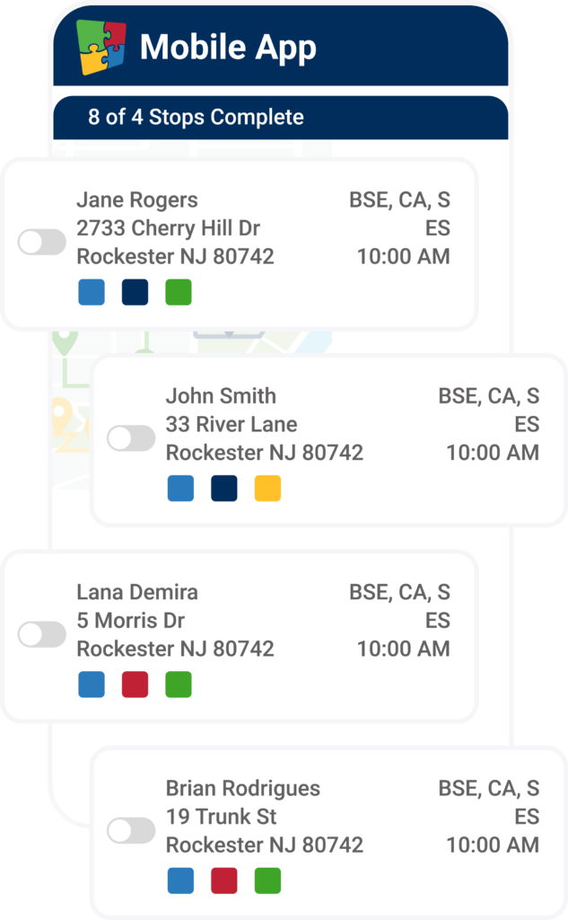 Mobile app screen showing route stops with addresses and time