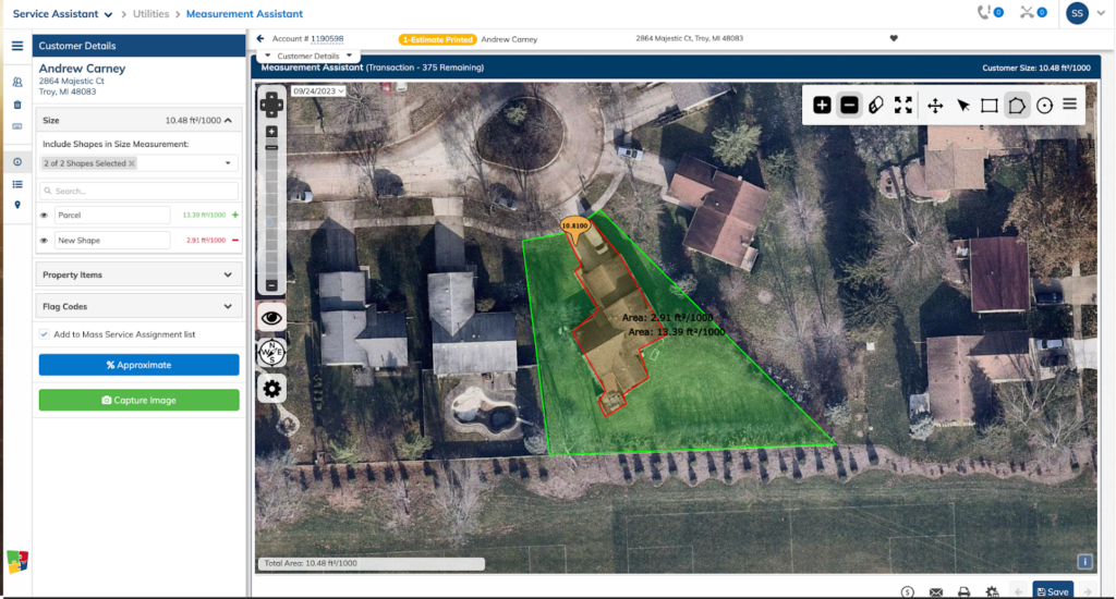 Aerial property survey with green and brown land parcel boundaries