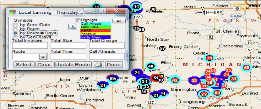 Michigan route planning software map with numbered locations and popup window