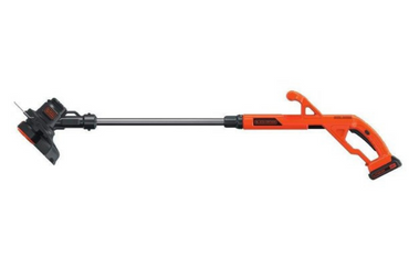 Orange cordless electric string trimmer for lawn maintenance