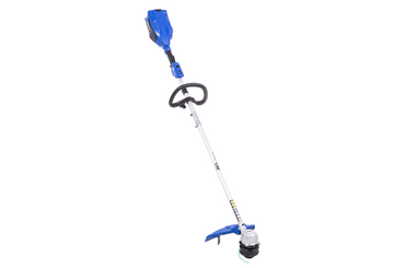Blue and white electric string trimmer for lawn maintenance