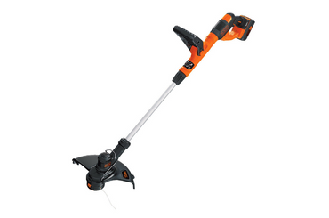 Orange and black cordless electric string trimmer on white background