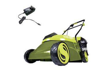 Green electric lawn mower with battery charger on white background
