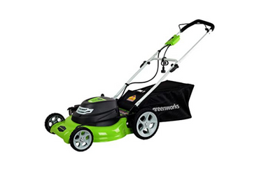 Green and black electric lawn mower with grass collection bag
