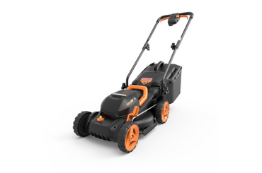 Black and orange electric lawn mower on white background