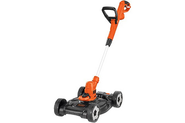Orange and black electric lawn mower with wheels and adjustable handle