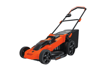 Orange and black electric lawn mower on white background