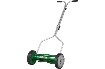 Green manual push lawn mower with silver handle on white background