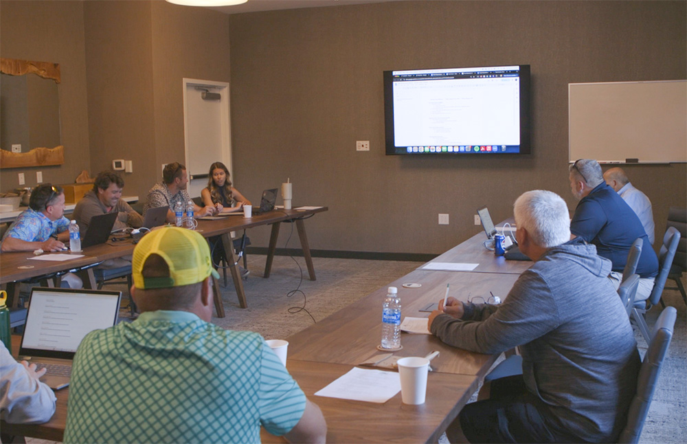 Business meeting with people working on laptops around conference table