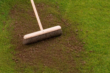 Stiff broom sweeping soil between patches of green grass