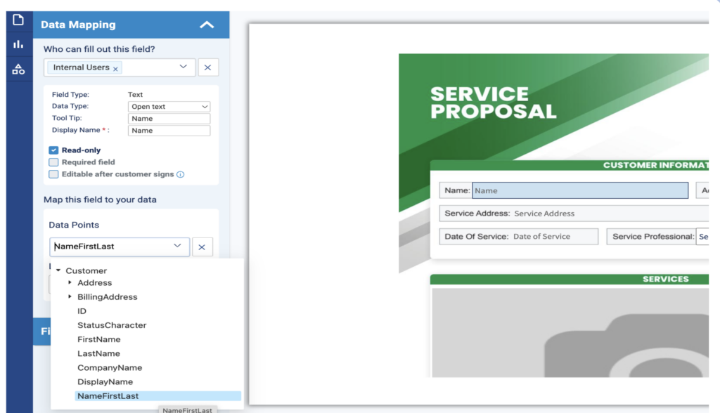 Data mapping interface with service proposal form and configuration panel