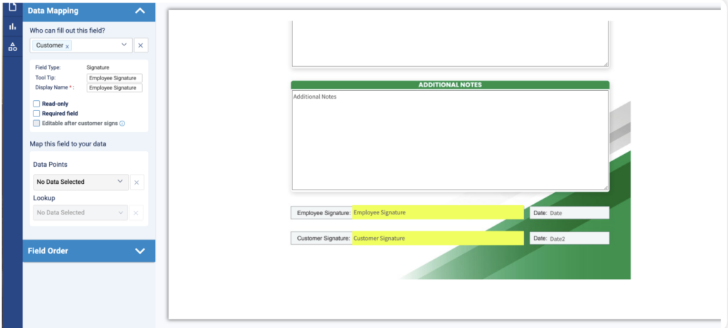 Data mapping interface showing signature fields and configuration options
