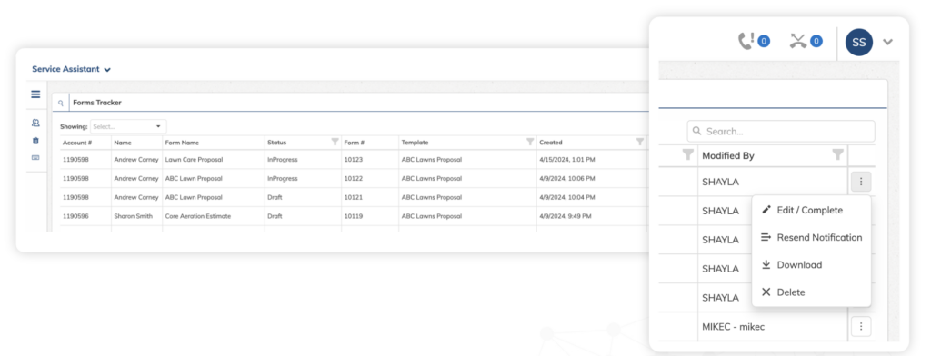 Forms tracker dashboard showing multiple loan proposal documents and statuses