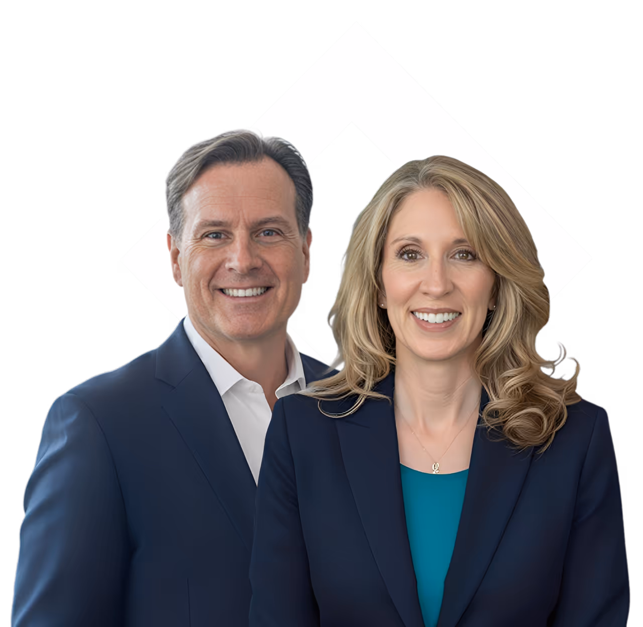 Smiling man and woman dressed in business attire standing side by side.