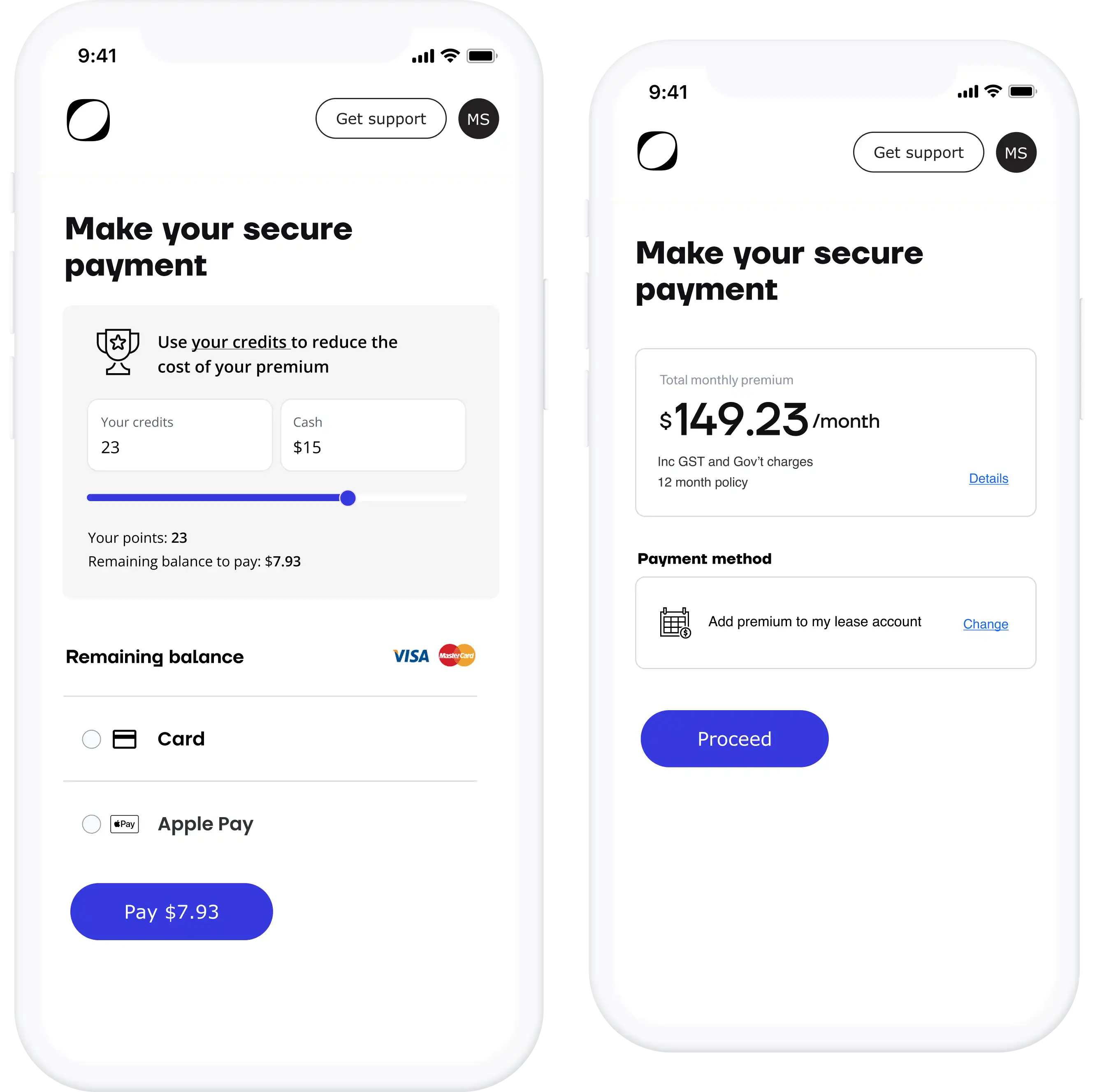 Screens of the payment experience with the Open platform