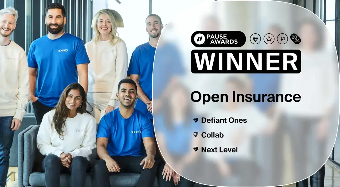 Open team smiling for company photo in the background. Pausefest winner logo and Open's awards listed below.