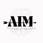 Logo with stylized letters AIM framed by an arrow, above the tagline 'Artificial Intelligence in Mental Health', over a faint brain illustration.