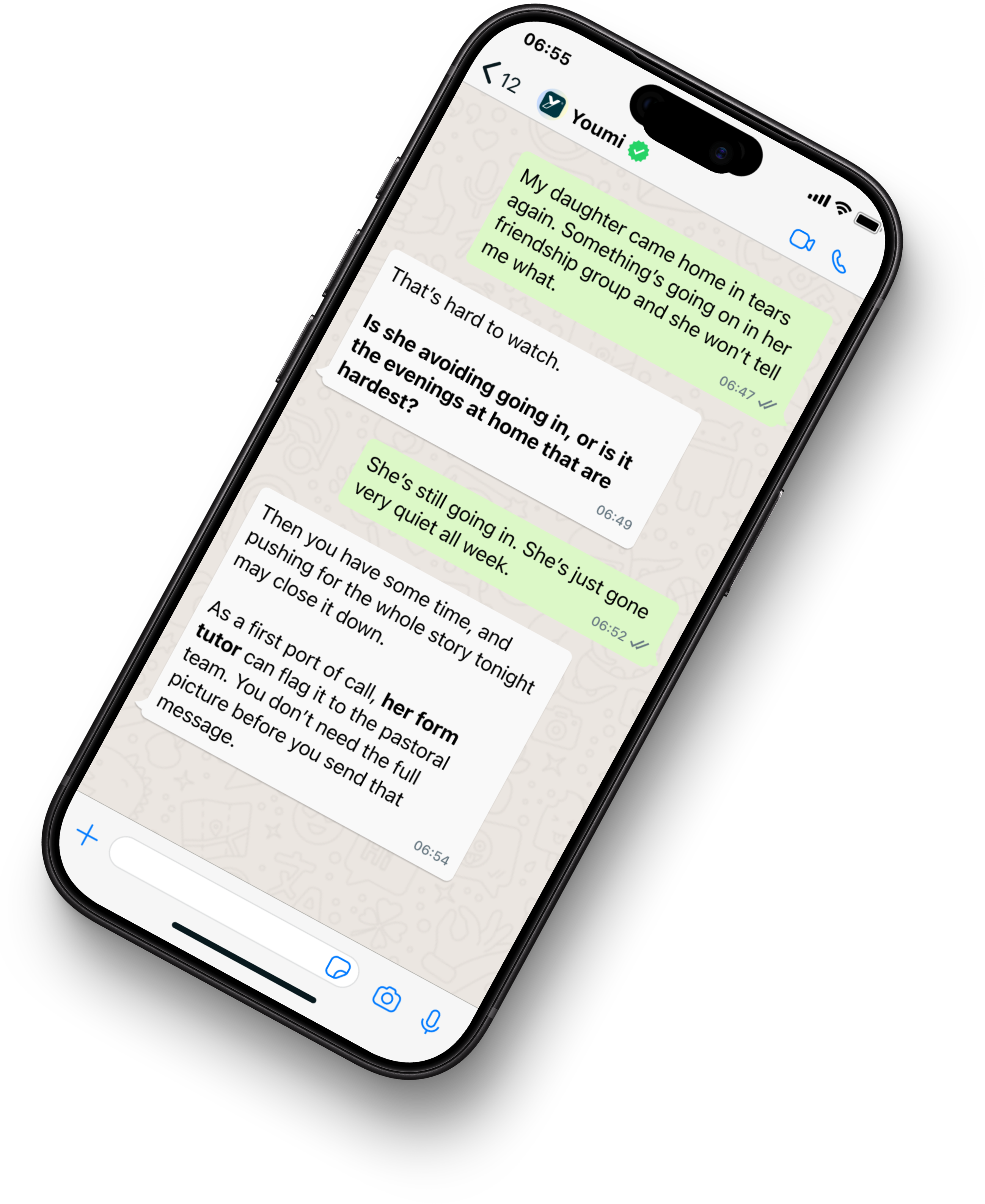 An example WhatsApp chat with the Youmi Coach. The parent says their daughter came home in tears again over something in her friendship group. The Coach asks what is hardest, suggests not pushing for the whole story tonight, and says her form tutor can flag it to the pastoral team.