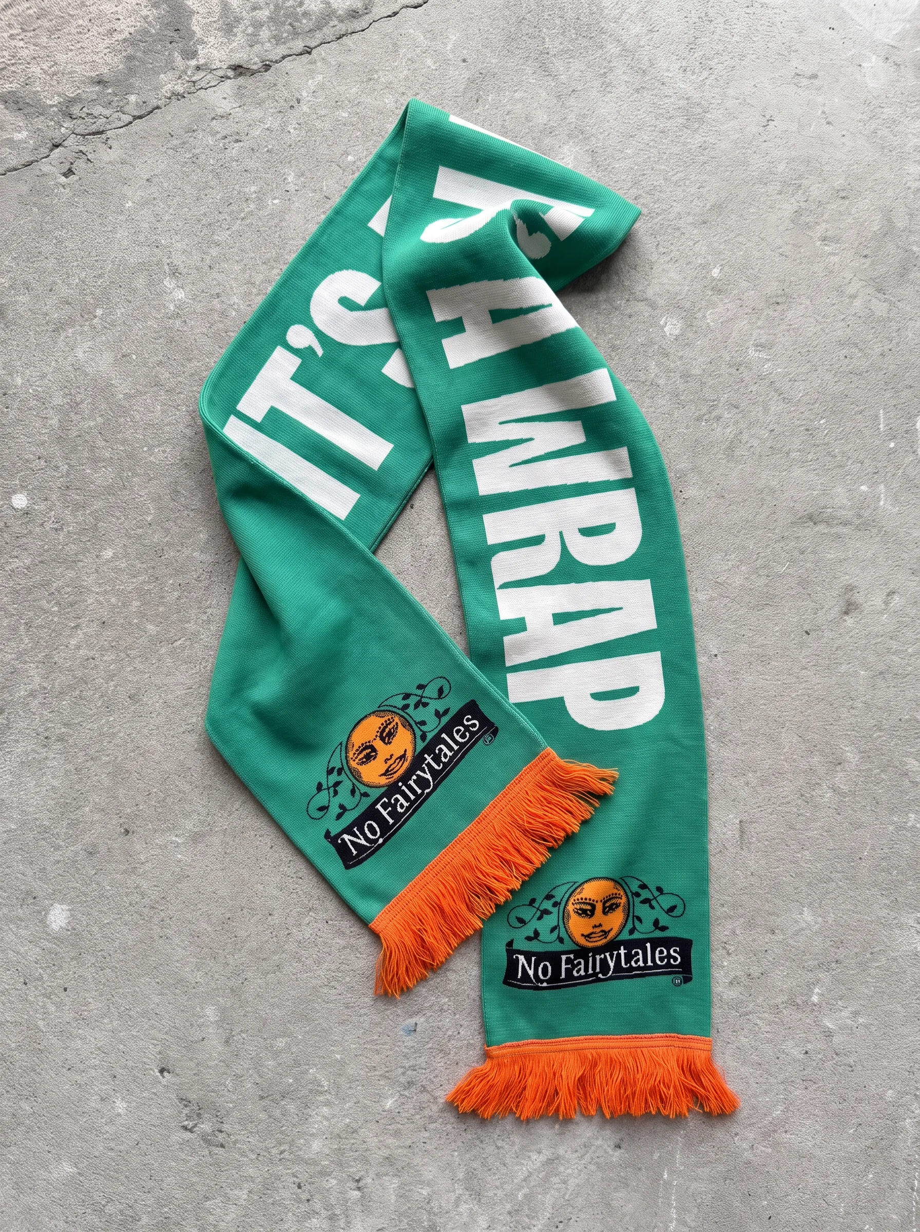 Groene gebreide sjaal met Its a wrap tekst en No Fairytales logo