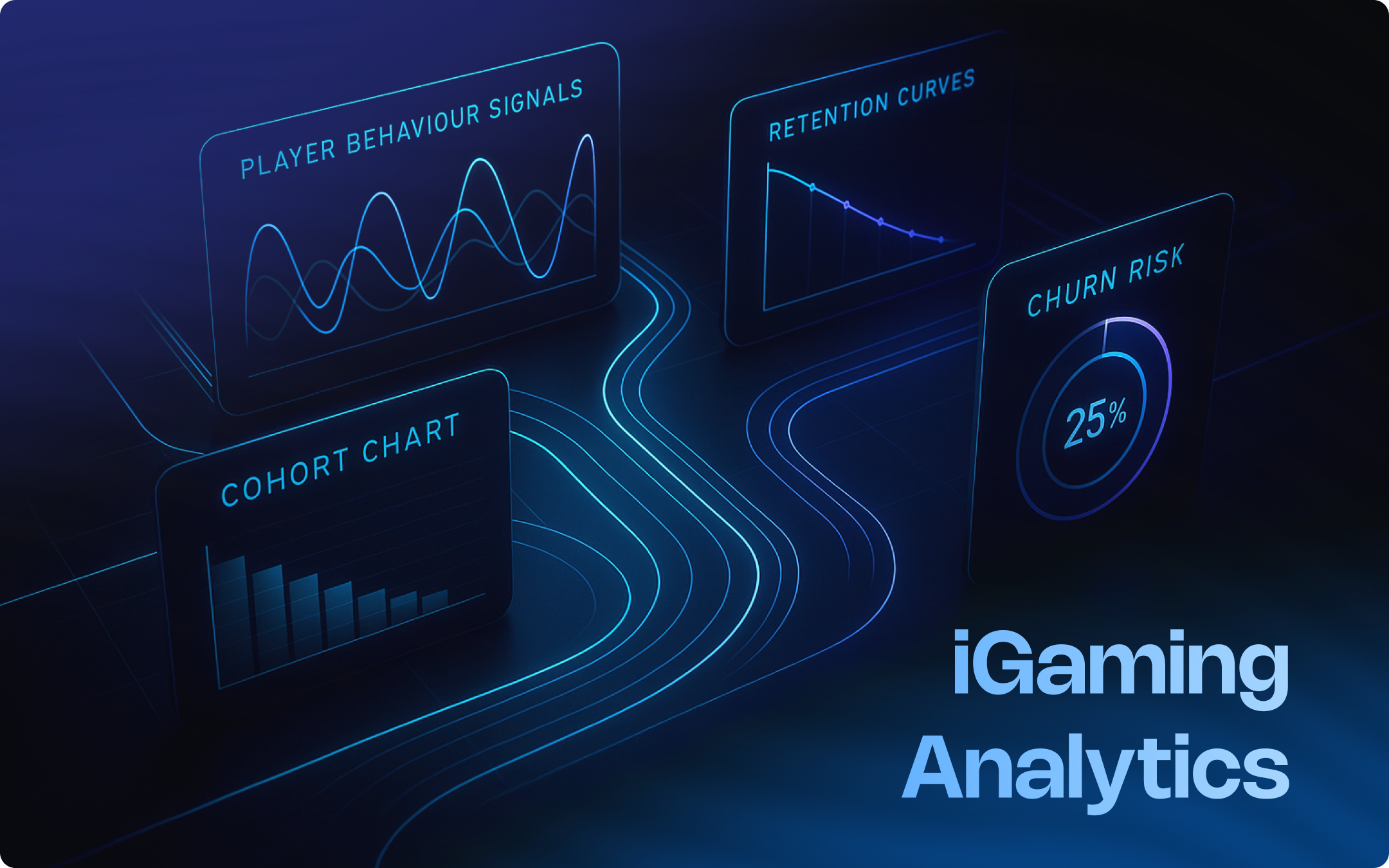 Futuristic iGaming analytics visuals showing player behaviour signals, retention curves, cohort charts, and churn risk indicators.