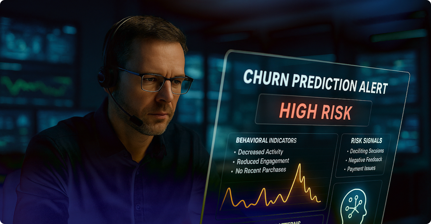 Specialist reviewing a churn prediction alert with high-risk behavioural indicators on a real-time iGaming analytics dashboard.