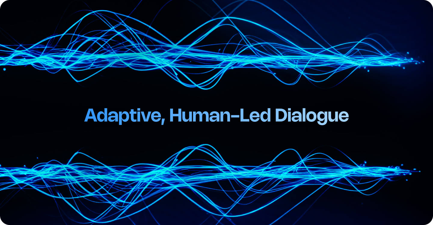 Abstract waveform visual representing adaptive, human-led dialogue that responds dynamically to player behaviour signals.