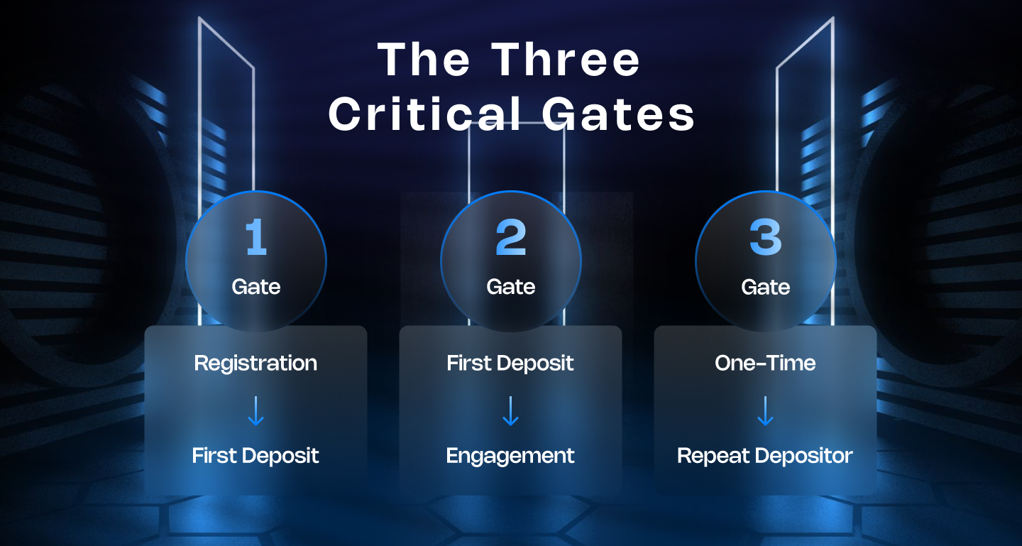 Graphic showing three critical conversion gates: registration to first deposit, first deposit to engagement, and one-time depositor to repeat depositor.
