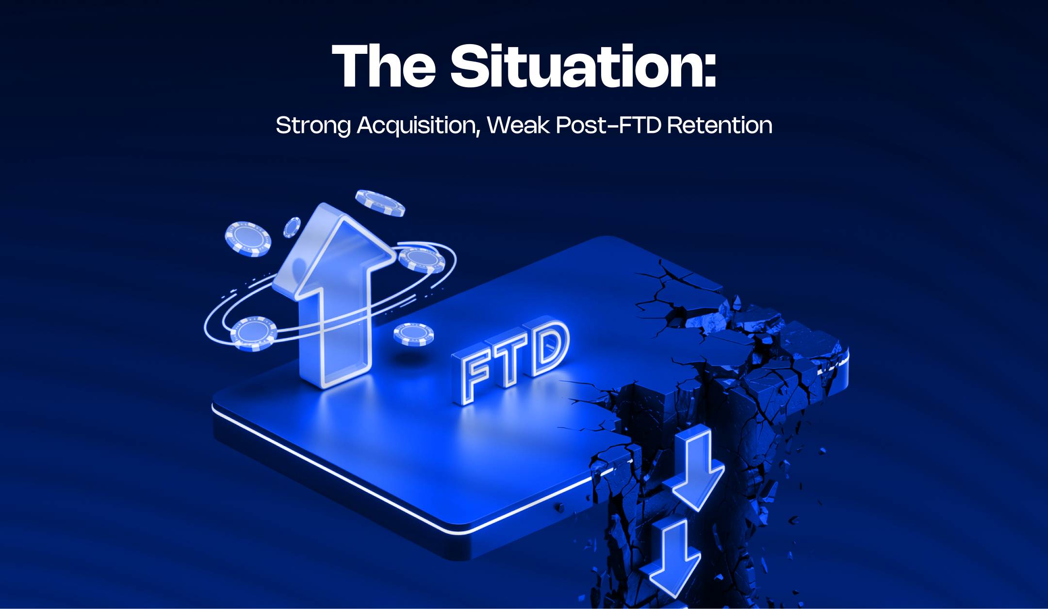 iGaming 3D illustration showing strong acquisition growth vs a cracked platform representing weak post-FTD retention.