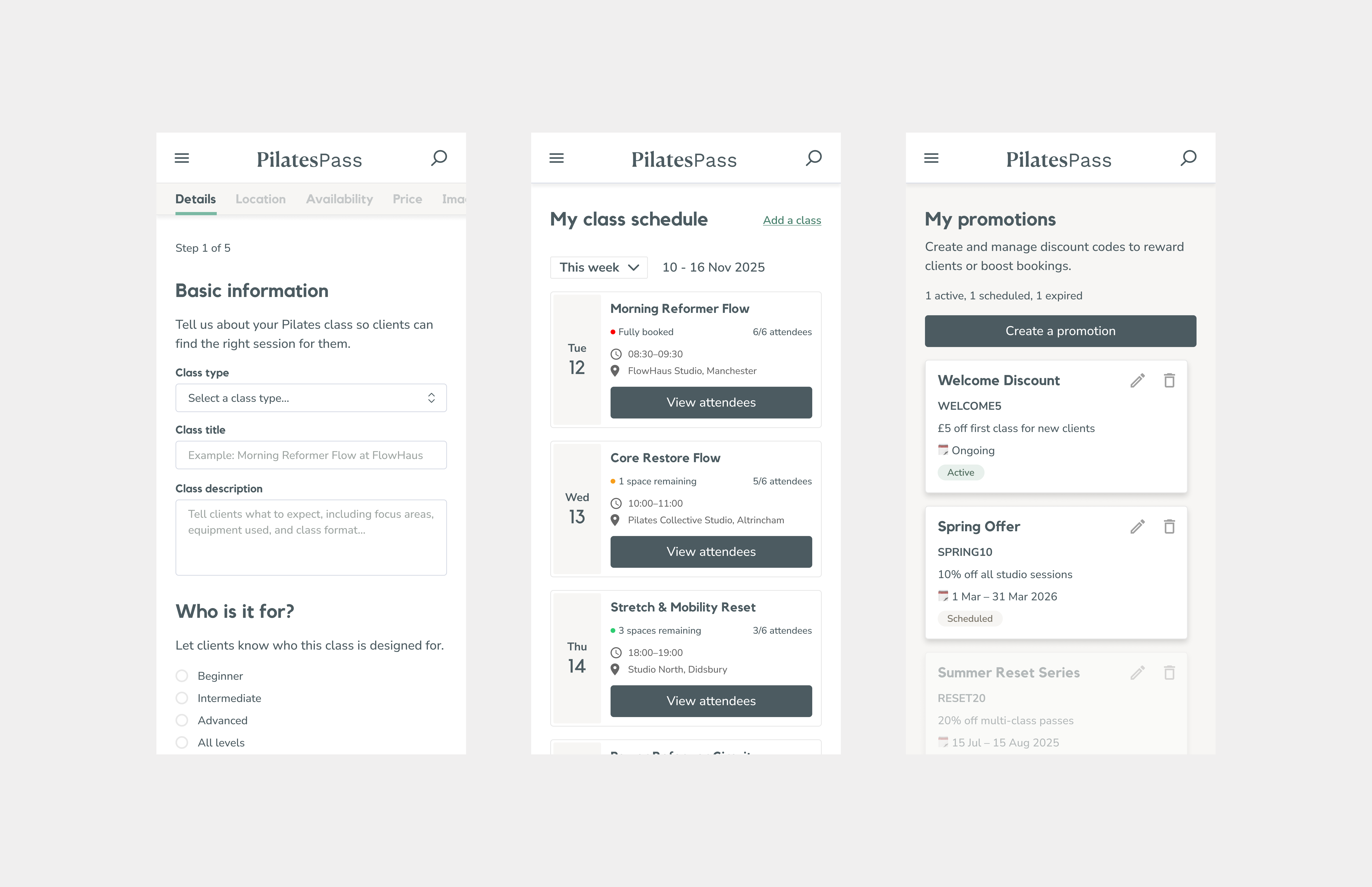 Three mobile wireframes for PilatesPass on the vendor side
- Create a Listing
- My schedule
- My promotions