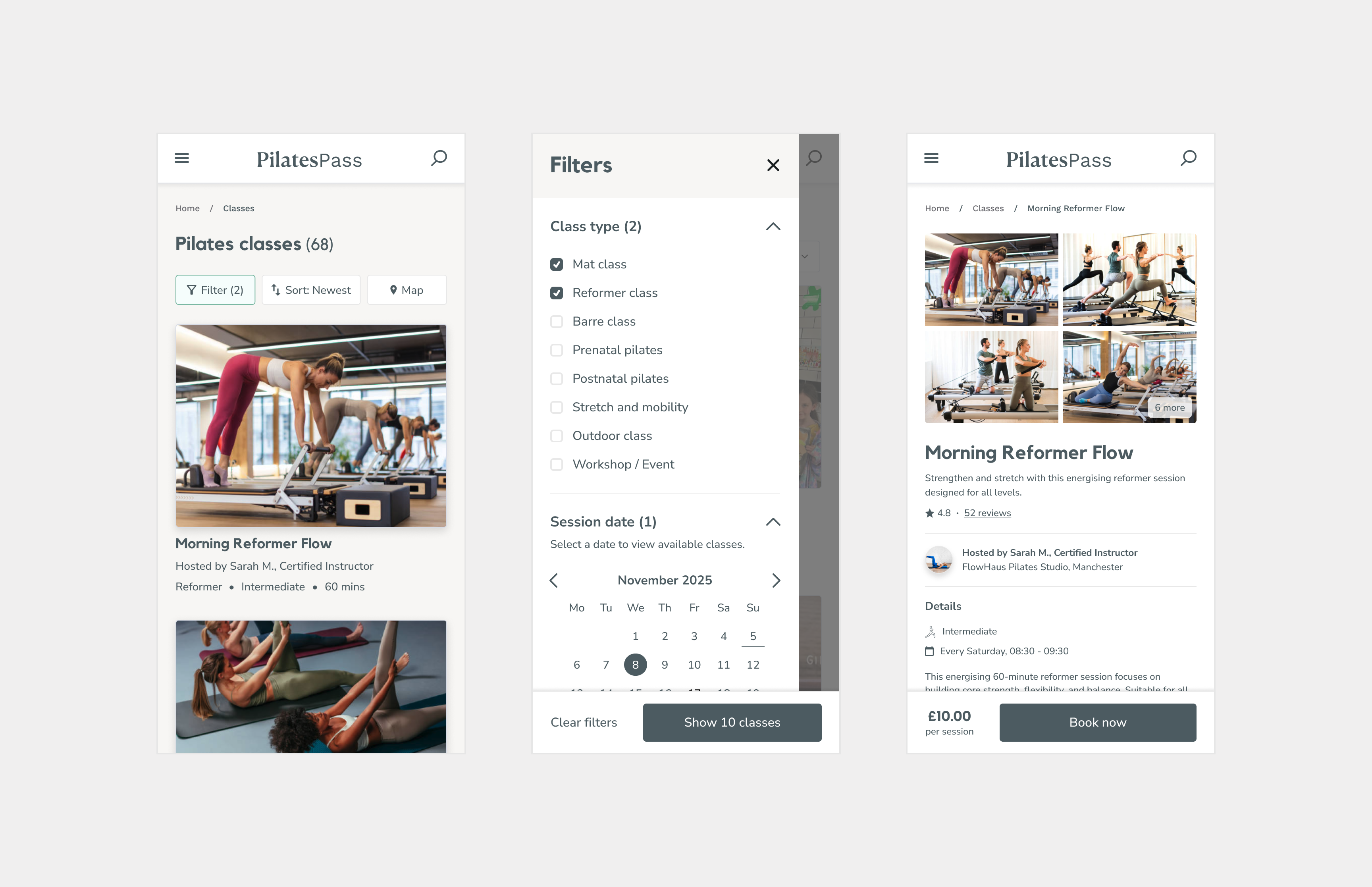 Three mobile wireframes for PilatesPass on the customer side
- Search page
- Search filters
- Listing page