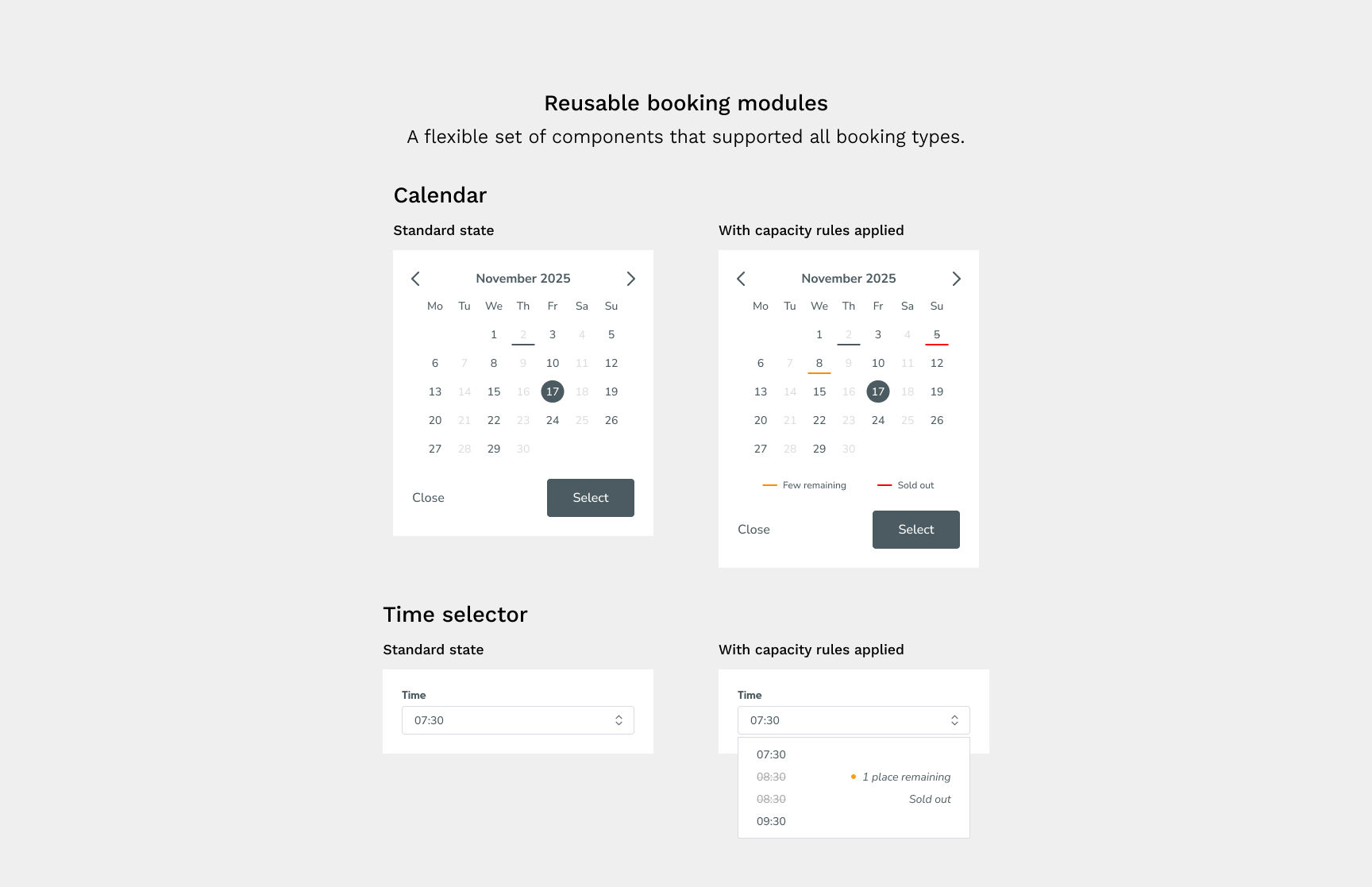 Interface for reusable booking modules including two calendar views for November 2025—standard and with capacity rules showing availability—and two time selector dropdowns with standard and capacity rules states.