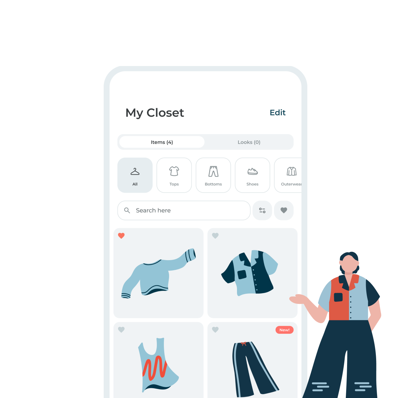 App feature of a digital closet, where the user can upload their items