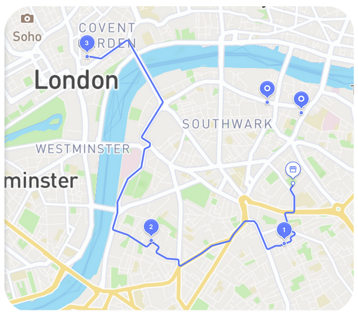 A delivery route featuring multiple deliveries across central London