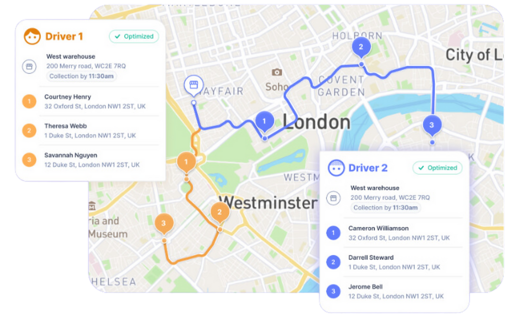 A mapped route showing two separate delivery drivers' deliveries