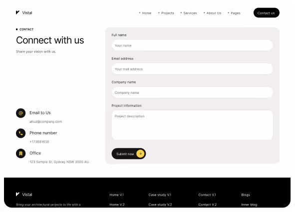 Contact form webpage with fields for full name, email, company name, and project information alongside contact details including email, phone, and office address.