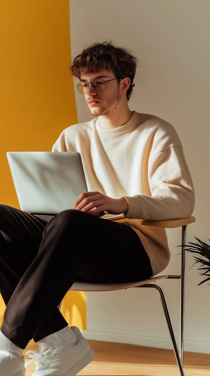 Person working on laptop, wearing glasses and white sweater