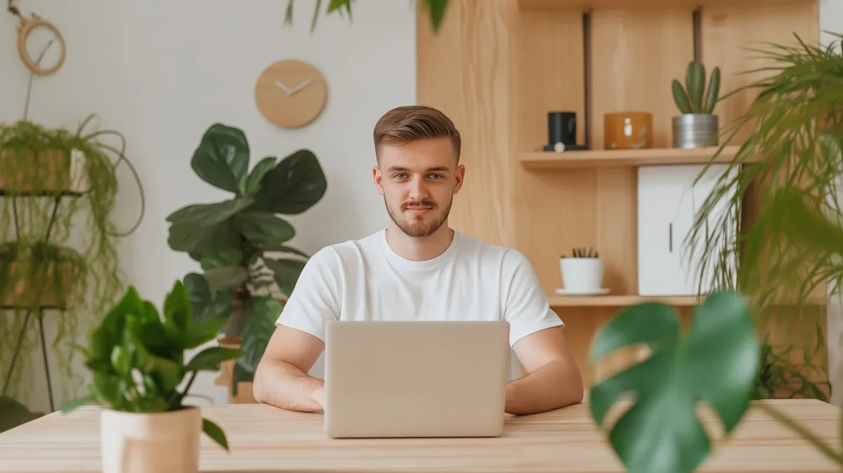 Person working on laptop in home office surrounded by green houseplants