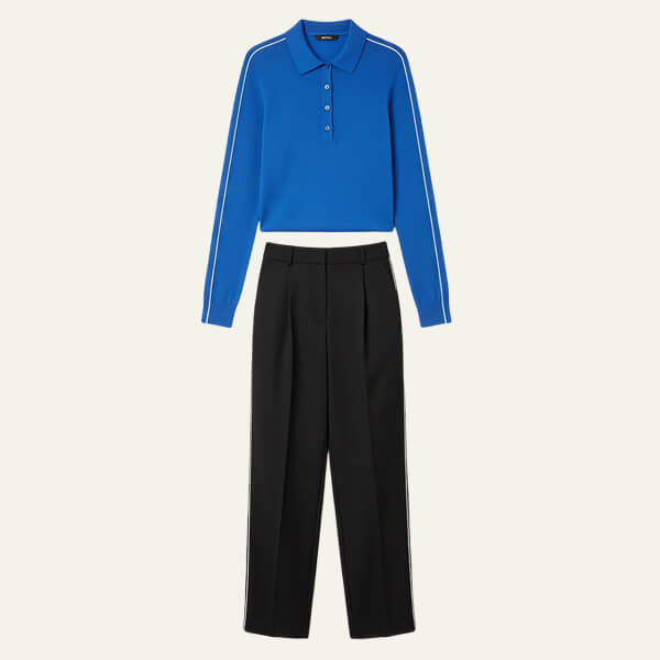 Blue long-sleeve polo shirt with white stripe accents paired with black high-waisted wide-leg pants.