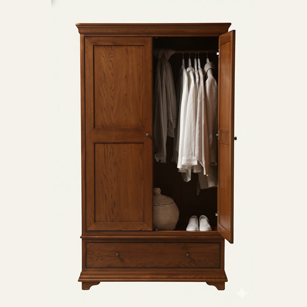 Wooden wardrobe with one door open showing white shirts hanging on hangers, a woven basket, and white shoes inside.