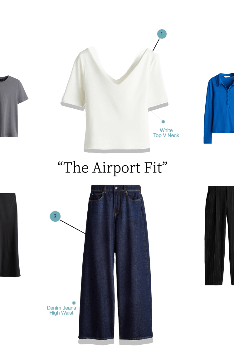 Outfit labeled 'The Airport Fit' featuring a white V-neck top and high waist denim jeans.
