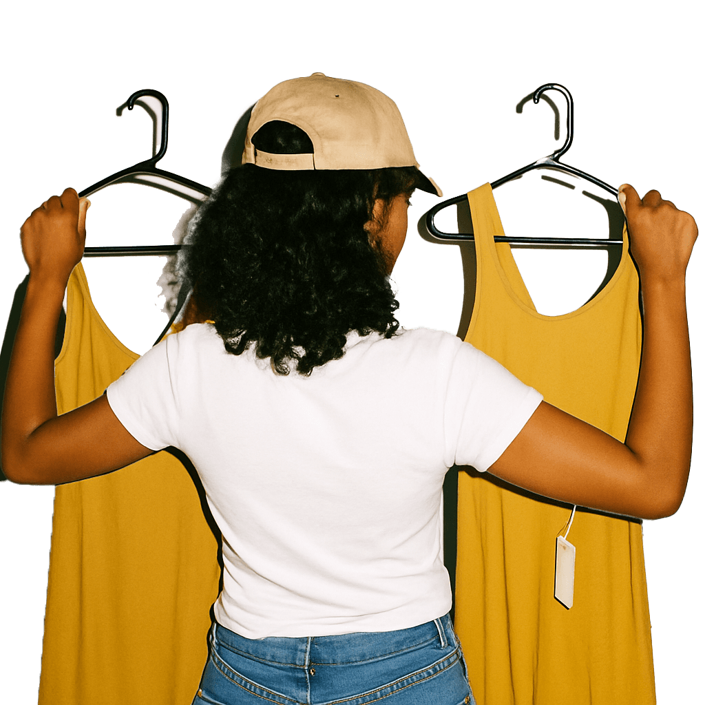 Person with curly hair wearing a beige cap and white t-shirt holding two identical yellow sleeveless dresses on hangers.